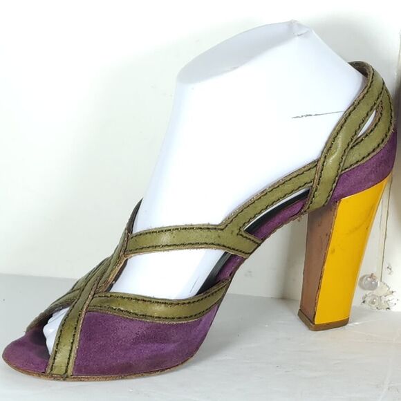 Prada Women's US6-6,5 EU37 Purple Multicolor Suede Leather Peep Toe Heels - Picture 7 of 16